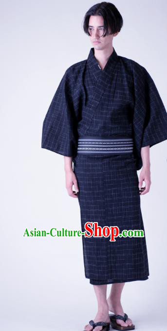 Traditional Japanese Samurai Navy Veil Kimono Robe Asian Japan Handmade Warrior Yukata Costume for Men