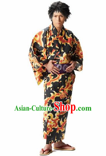 Traditional Japanese Samurai Printing Black Kimono Robe Asian Japan Handmade Warrior Yukata Costume for Men