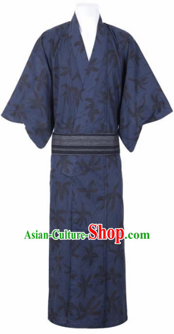 Traditional Japanese Samurai Printing Flowers Navy Kimono Robe Asian Japan Handmade Warrior Yukata Costume for Men