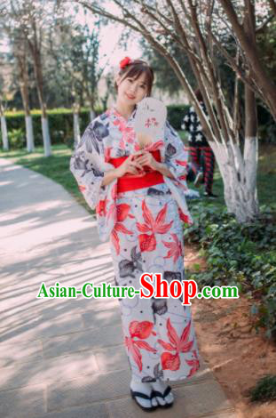Handmade Japanese Geisha Printing Goldfish Furisode Kimono Dress Asian Japan Traditional Yukata Costume for Women