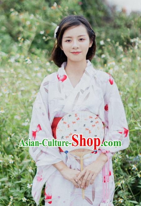 Handmade Japanese Geisha Printing Goldfish White Furisode Kimono Dress Asian Japan Traditional Yukata Costume for Women