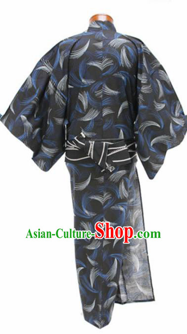 Japanese Traditional Handmade Printing Feather Black Kimono Dress Asian Japan Geisha Yukata Costume for Women