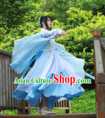 Chinese Traditional Cosplay Peri Princess Costume Ancient Swordswoman Blue Hanfu Dress for Women