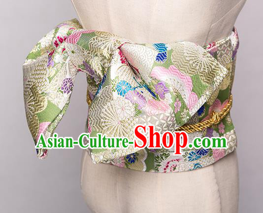 Japanese Traditional Handmade Kimono Belts Asian Japan Geisha Yukata Green Brocade Waistband for Women