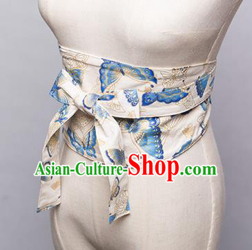 Japanese Traditional Kimono Printing Butterfly White Belts Asian Handmade Japan Geisha Yukata Waistband for Women
