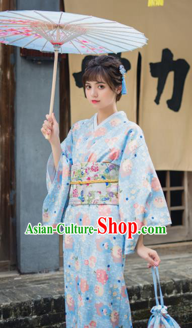 Handmade Japanese Traditional Costume Light Blue Furisode Kimono Dress Asian Japan Yukata for Women