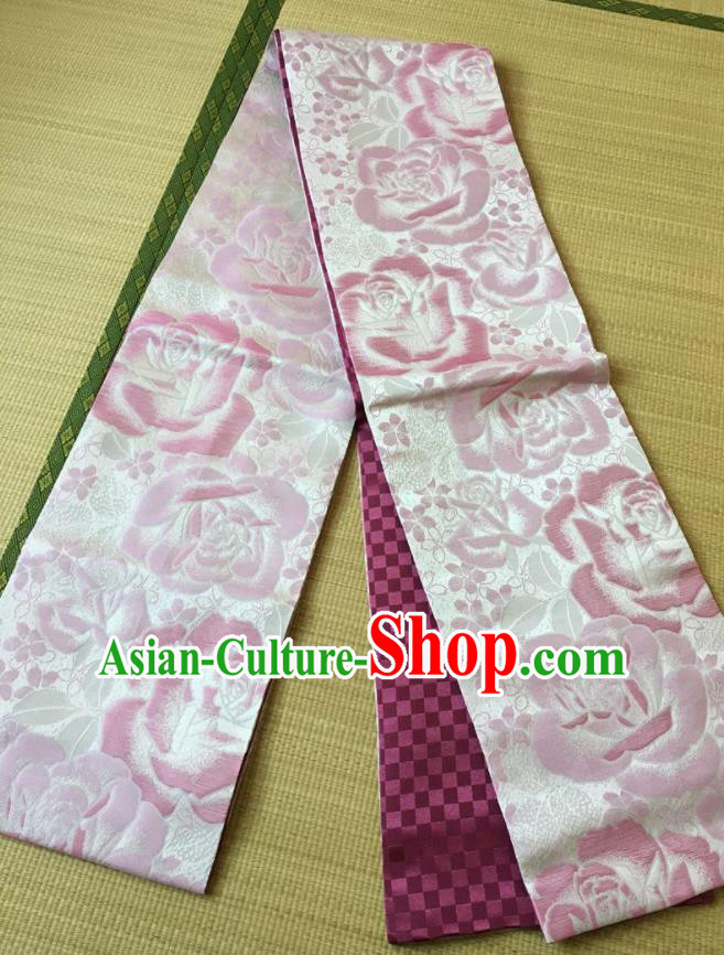 Japanese Traditional Yukata Roses Pattern Brocade Belts Asian Handmade Japan Geisha Kimono Waistband for Women