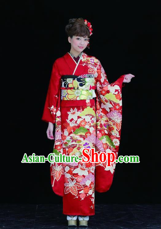 Japanese Traditional Printing Leaf Red Furisode Kimono Asian Japan Costume Geisha Yukata Dress for Women