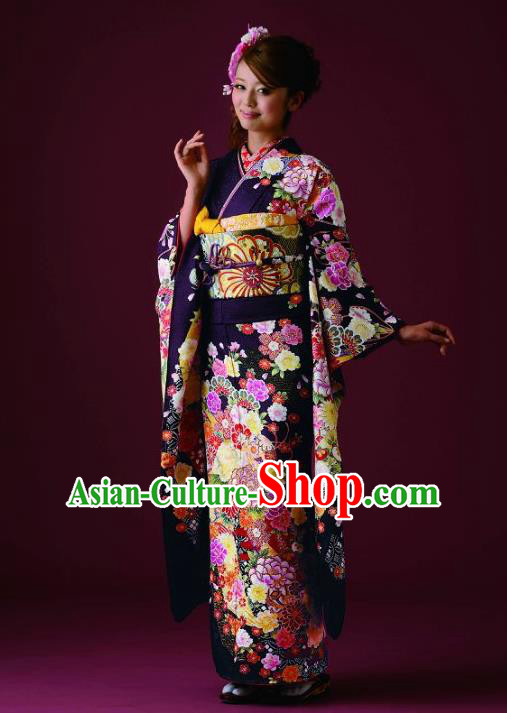Japanese Traditional Printing Peony Purple Furisode Kimono Asian Japan Costume Geisha Yukata Dress for Women