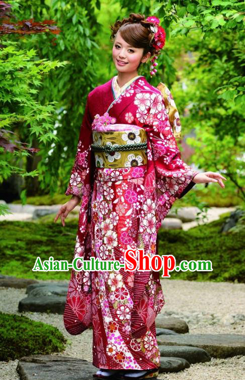 Japanese Traditional Printing Sakura Wine Red Furisode Kimono Asian Japan Costume Geisha Yukata Dress for Women
