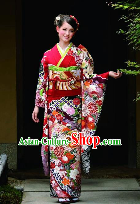 Japanese Traditional Printing Chrysanthemum Iromuji Rosy Furisode Kimono Asian Japan Costume Geisha Yukata Dress for Women