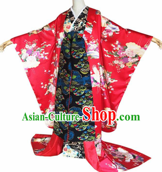 Japanese Traditional Wedding Red Silk Shiromuku Furisode Kimono Asian Japan Costume Geisha Yukata Dress for Women