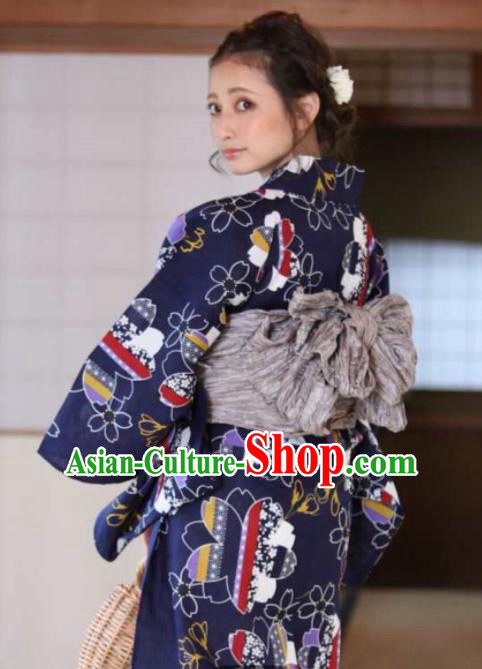 Japanese Traditional Navy Blue Kimono Asian Japan Costume Geisha Yukata Dress for Women