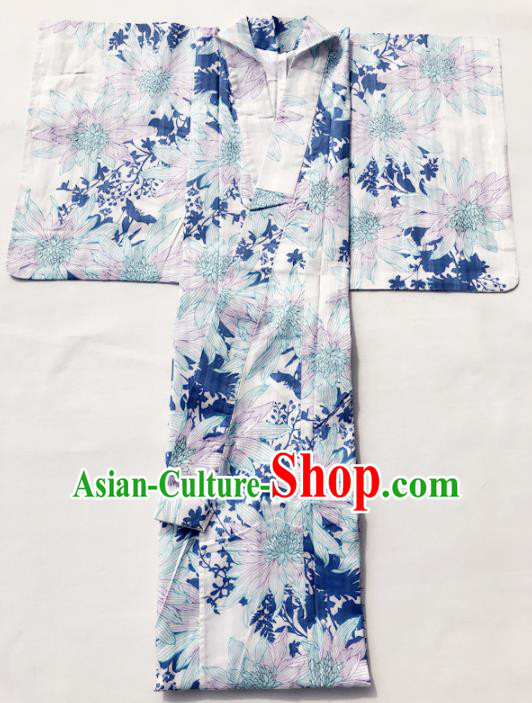 Traditional Japanese Classical Printing Dahlia White Kimono Asian Japan Costume Geisha Yukata Dress for Women