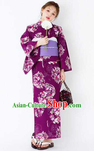 Traditional Japanese Classical Printing Petunia Purple Kimono Asian Japan Costume Geisha Yukata Dress for Women