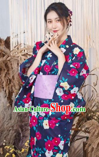 Japanese Traditional Classical Printing Deep Purple Kimono Asian Japan Costume Geisha Yukata Dress for Women