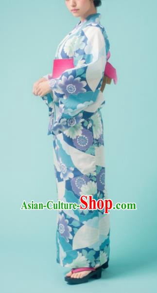 Japanese Classical Printing Dahlia Blue Kimono Asian Japan Traditional Costume Geisha Yukata Dress for Women