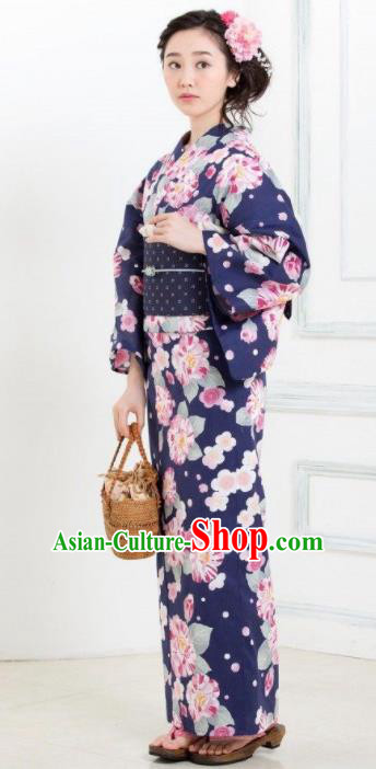 Japanese Classical Printing Hibiscus Navy Kimono Asian Japan Traditional Costume Geisha Yukata Dress for Women