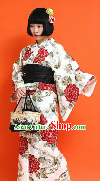 Japanese Classical Printing Red Peony Kimono Asian Japan Traditional Costume Geisha Yukata Dress for Women