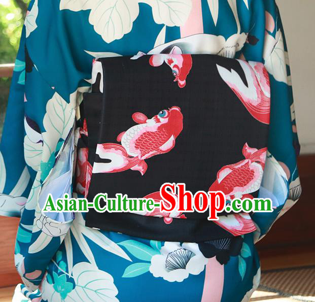 Japanese Traditional Printing Fishes Black Yukata Waistband Asian Japan Handmade Kimono Belts for Women