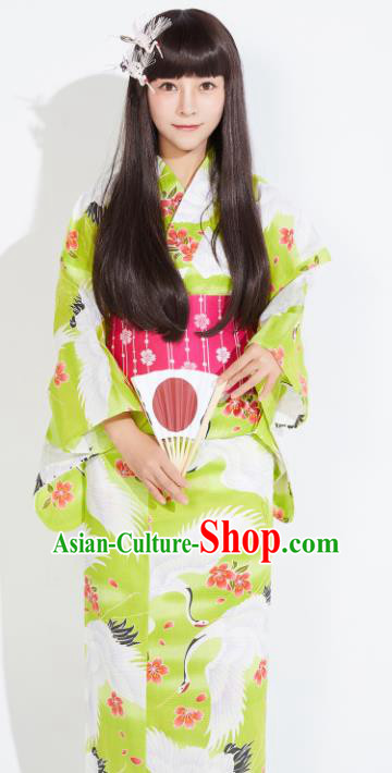 Japanese Classical Printing Cranes Green Yukata Dress Asian Japan Traditional Costume Geisha Furisode Kimono for Women