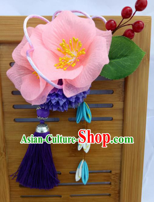 Japanese Traditional Geisha Kimono Hair Accessories Japan Yukata Pink Flowers Tassel Hair Claws for Women