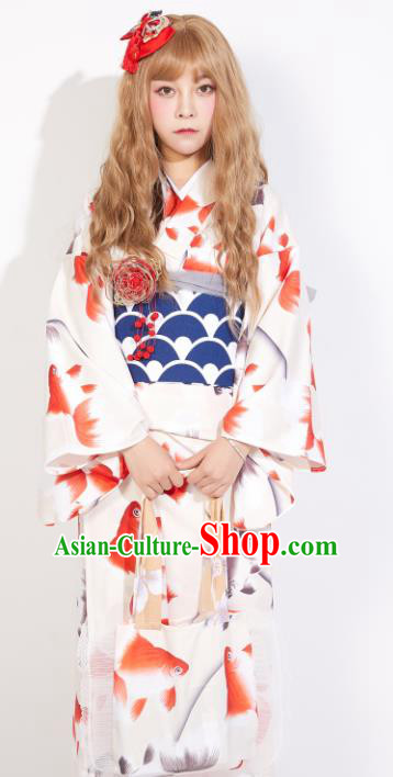 Japanese Classical Printing Red Goldfish Yukata Dress Asian Japan Traditional Costume Geisha Kimono for Women