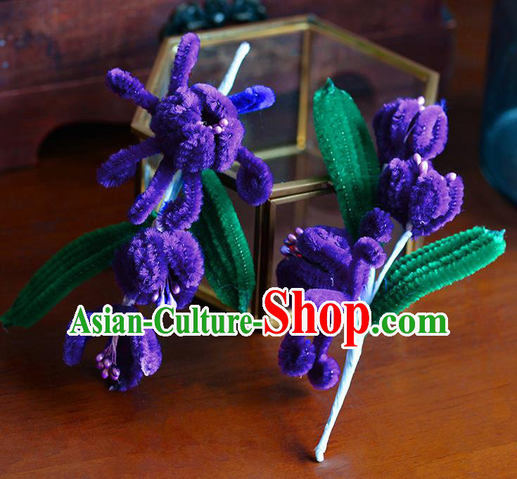 Traditional Chinese Ancient Palace Purple Velvet Flowers Hair Clip Hairpins Handmade Wedding Hair Accessories for Women