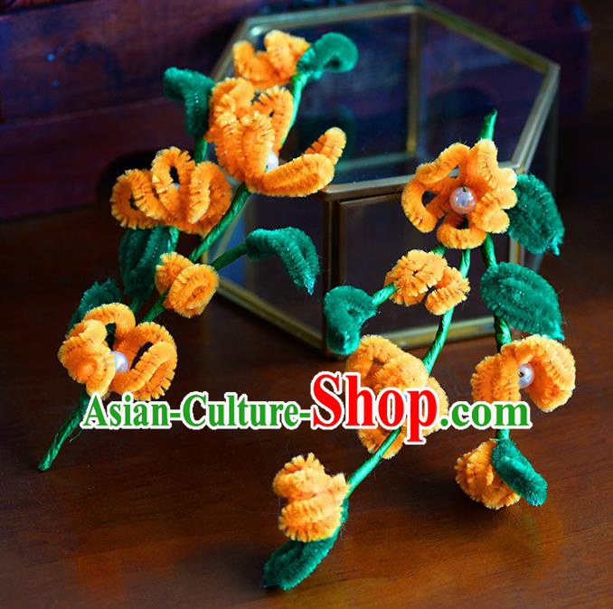 Traditional Chinese Ancient Palace Orange Velvet Flowers Hair Clip Hairpins Handmade Wedding Hair Accessories for Women