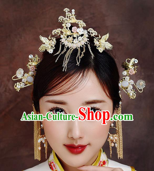 Traditional Chinese Ancient Bride Tassel Hairpins Crane Pine Hair Crown Handmade Wedding Hair Accessories for Women