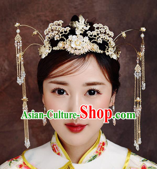 Traditional Chinese Ancient Bride Tassel Hairpins Crane Pine Phoenix Coronet Handmade Wedding Hair Accessories for Women