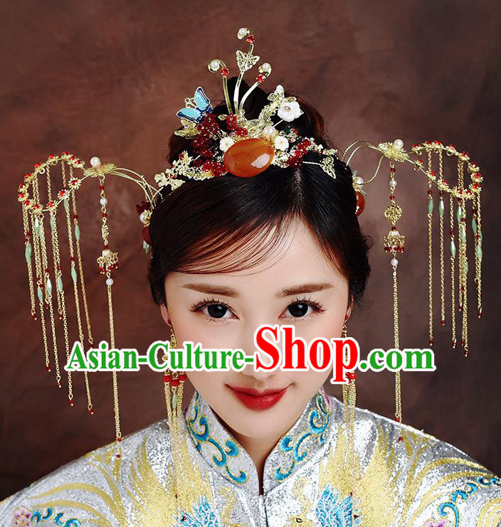 Traditional Chinese Ancient Bride Tassel Hairpins Phoenix Coronet Handmade Wedding Hair Accessories for Women