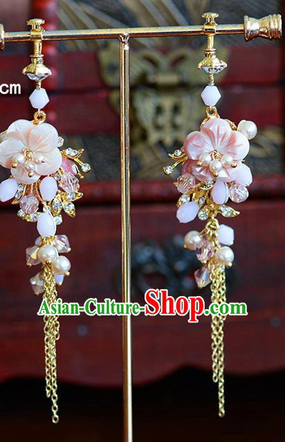 Traditional Chinese Ancient Palace Hanfu Pink Flowers Tassel Earrings Handmade Wedding Ear Accessories for Women