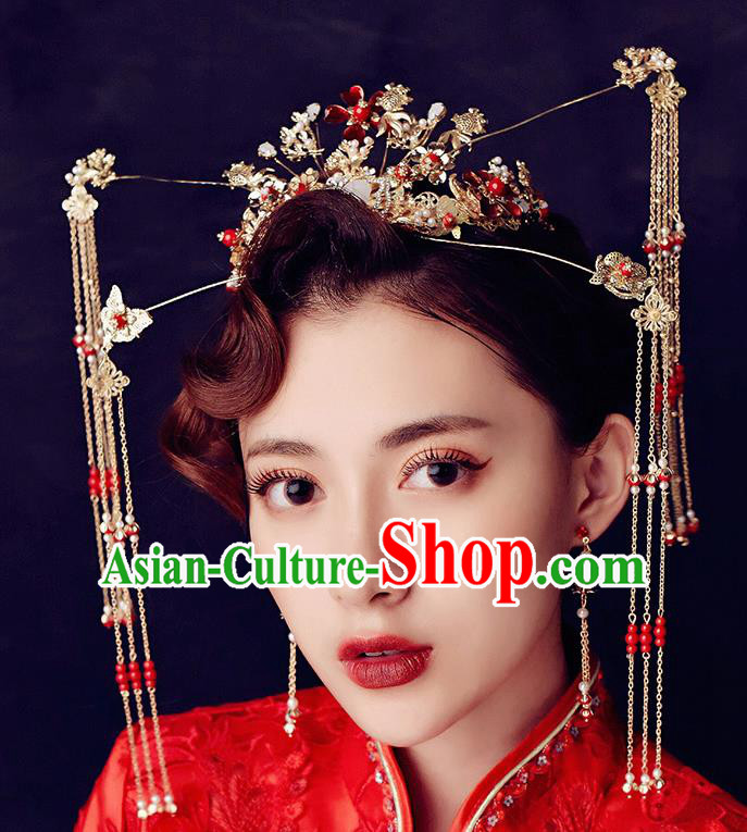 Traditional Chinese Ancient Hanfu Tassel Phoenix Coronet Bride Hairpins Handmade Wedding Hair Accessories for Women