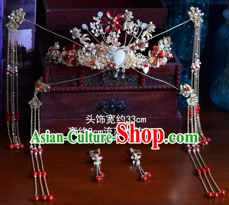 Traditional Chinese Ancient Hanfu Tassel Phoenix Coronet Bride Hairpins Handmade Wedding Hair Accessories for Women