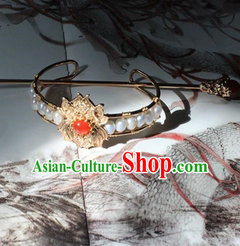 Traditional Chinese Ancient Princess Pearls Golden Hair Crown Hairpins Handmade Hanfu Hair Accessories for Women
