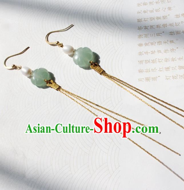 Handmade Chinese Ancient Princess Pearl Jade Earrings Traditional Hanfu Jewelry Accessories for Women