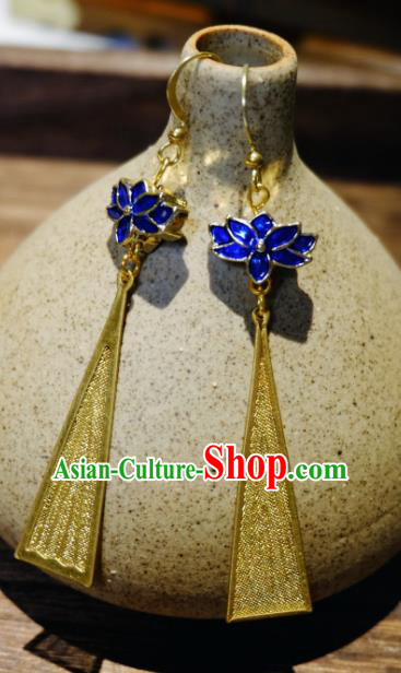 Traditional Chinese Ancient Princess Blueing Lotus Tassel Earrings Handmade Hanfu Jewelry Accessories for Women