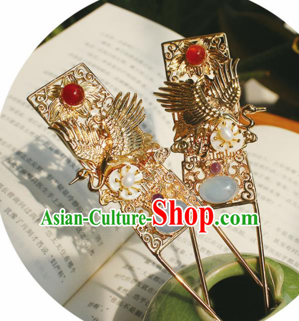 Chinese Ancient Hanfu Golden Crane Hair Clip Princess Hairpins Traditional Handmade Hair Accessories for Women