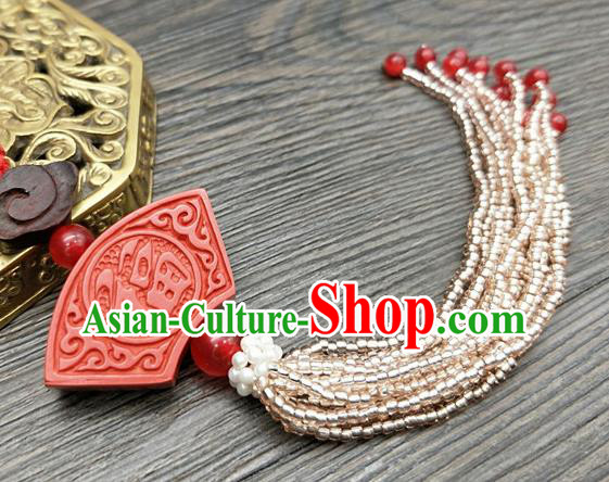 Traditional Chinese Ancient Cinnabar Brooch Handmade Hanfu Palace Breastpin Tassel Pendant for Women