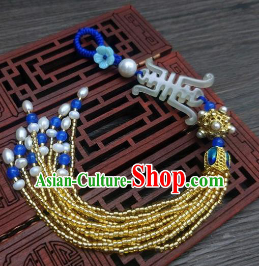 Traditional Chinese Ancient Palace Jade Brooch Handmade Hanfu Breastpin Tassel Pendant for Women