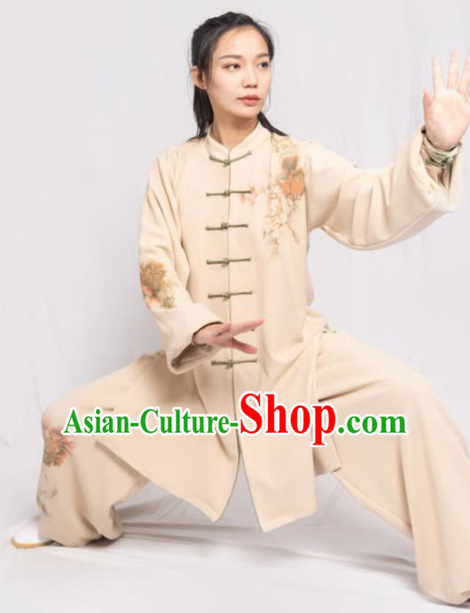Traditional Chinese Martial Arts Printing Peony Beige Costume Professional Tai Chi Competition Kung Fu Uniform for Women