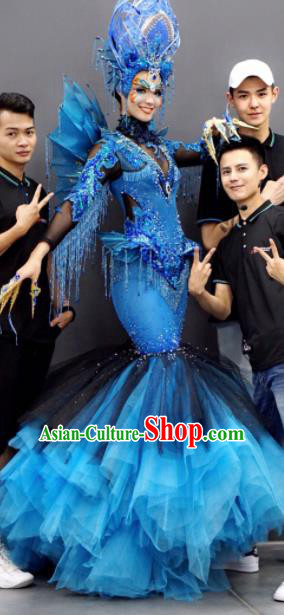 Handmade Halloween Fancy Ball Costume Stage Show Modern Fancywork Cosplay Mermaid Blue Full Dress for Women