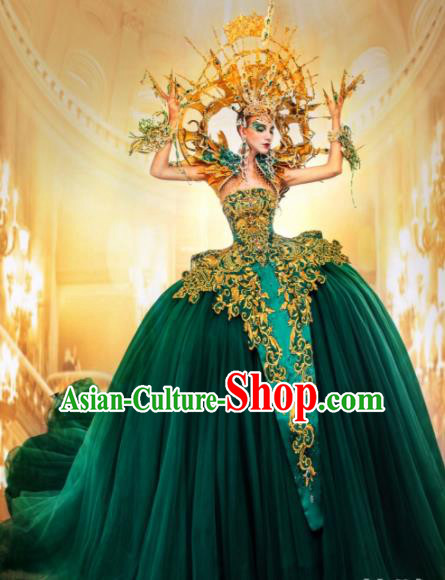 Handmade Modern Fancywork Cosplay Witch Green Full Dress Halloween Stage Show Fancy Ball Costume for Women