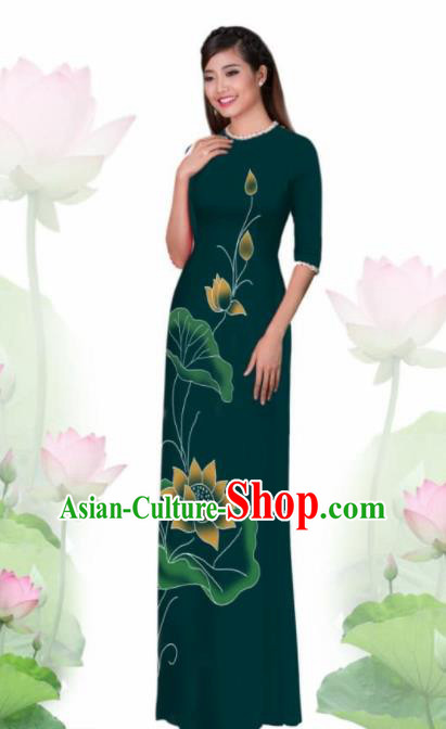 Vietnam Traditional National Costume Printing Lotus Green Ao Dai Dress Asian Vietnamese Cheongsam for Women