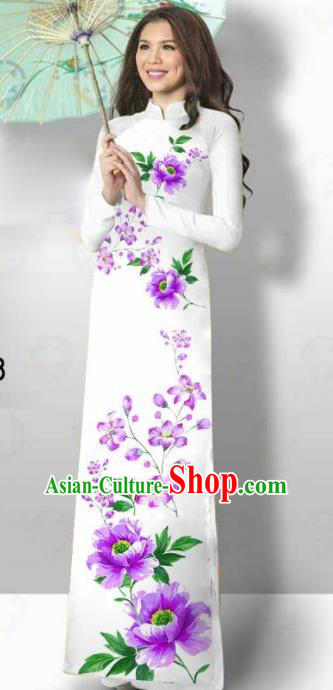 Vietnam Traditional Court Costume Printing Purple Flowers Ao Dai Dress Asian Vietnamese Cheongsam for Women