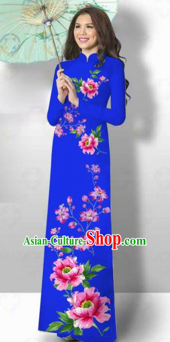 Vietnam Traditional Court Costume Printing Flowers Royalblue Ao Dai Dress Asian Vietnamese Cheongsam for Women
