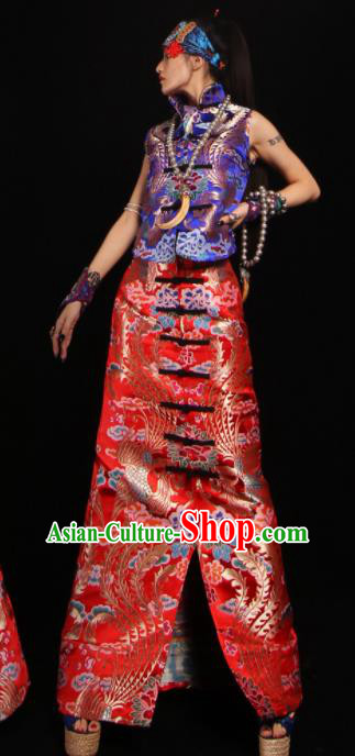 Chinese Traditional National Costume Red Brocade Skirt Tang Suit Dress for Women