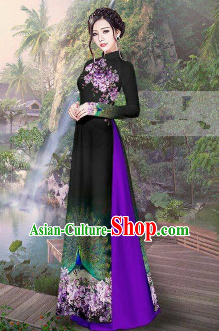 Vietnam Traditional Court Costume Printing Peacock Black Ao Dai Dress Asian Vietnamese Cheongsam for Women