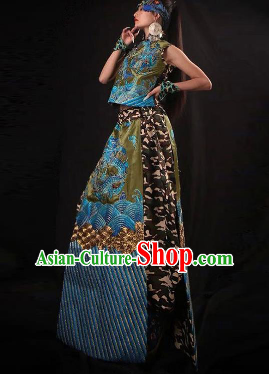 Chinese Traditional National Costume Embroidered Green Cheongsam Tang Suit Qipao Dress for Women